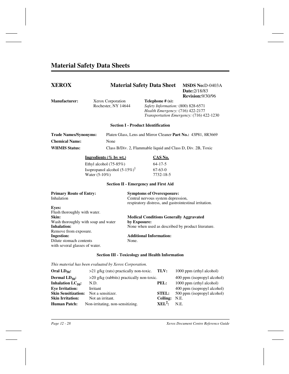 Material safety data sheets, Xerox material safety data sheet | Xerox 470 User Manual | Page 254 / 326