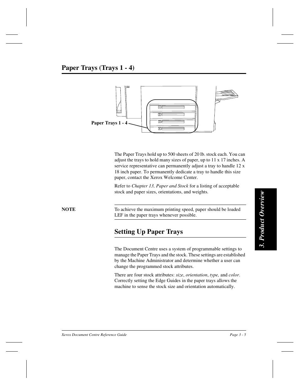 Pr oduc t over vi ew paper trays (trays 1 - 4), Setting up paper trays | Xerox 470 User Manual | Page 39 / 326