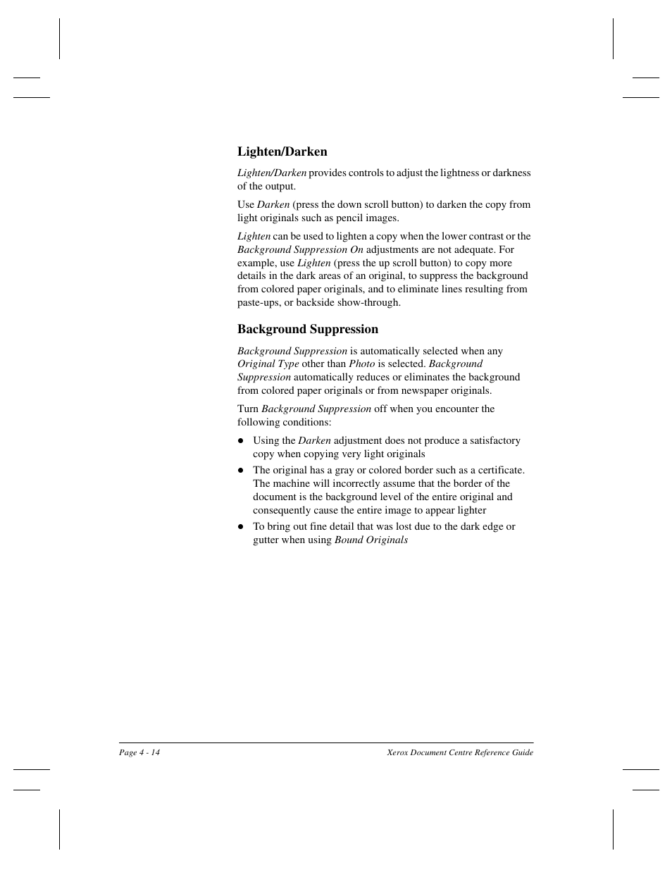 Lighten/darken, Background suppression | Xerox 470 User Manual | Page 62 / 326