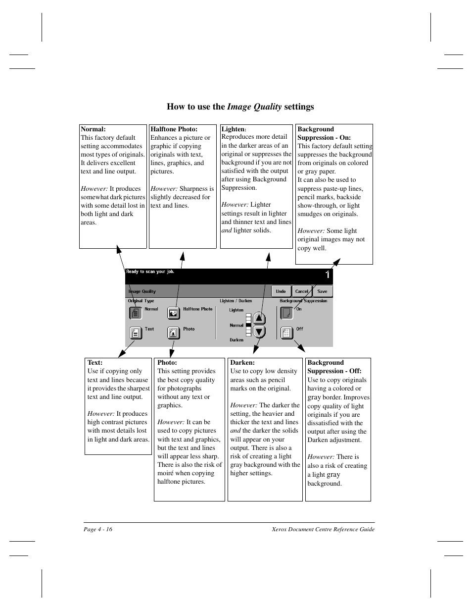 How to use the image quality settings | Xerox 470 User Manual | Page 64 / 326