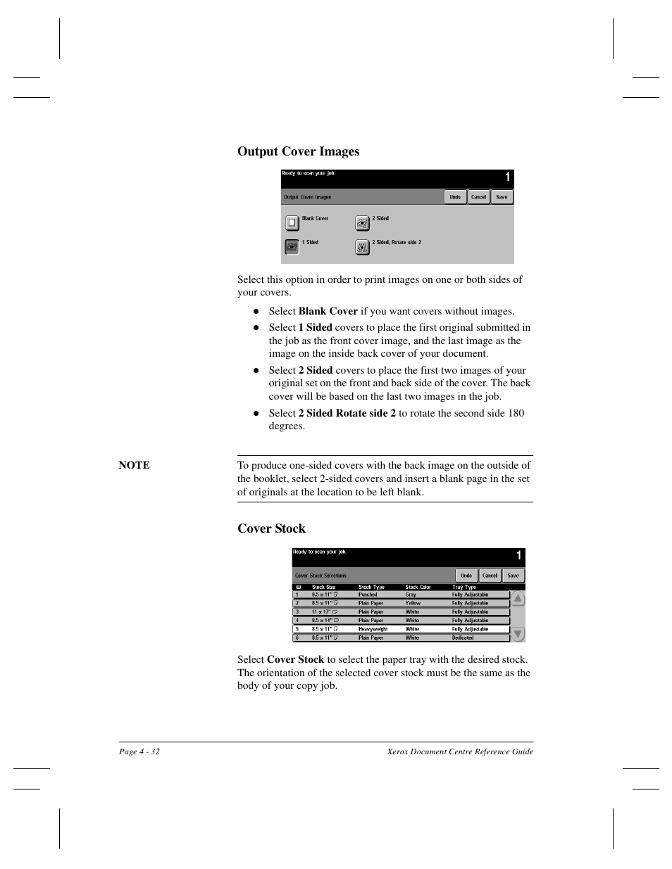 Output cover images, Cover stock | Xerox 470 User Manual | Page 80 / 326