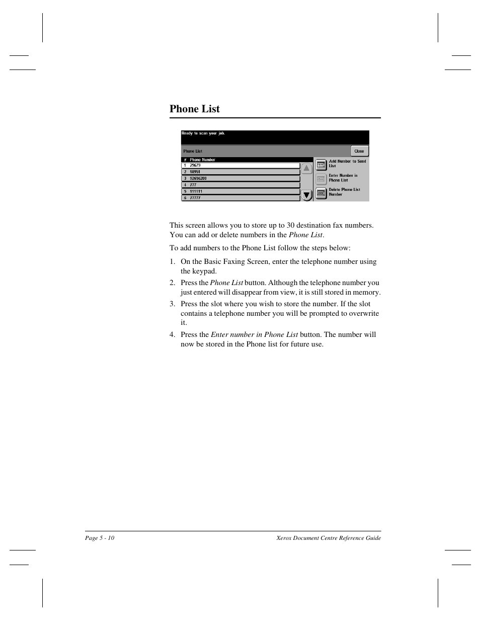 Phone list | Xerox 470 User Manual | Page 96 / 326