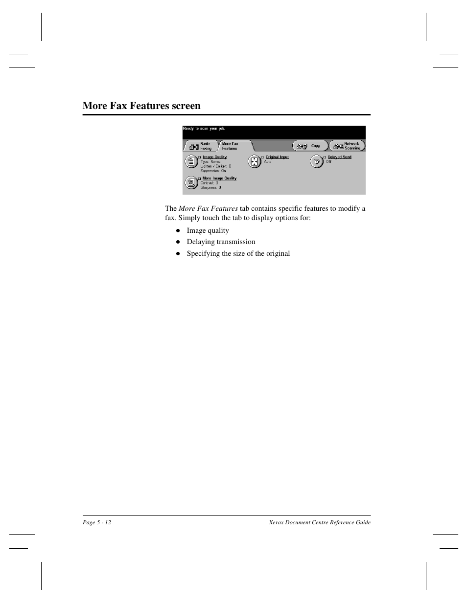 More fax features screen | Xerox 470 User Manual | Page 98 / 326