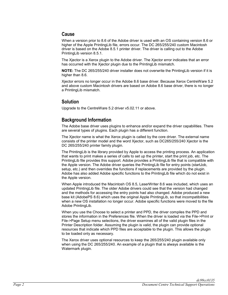 Cause, Solution, Background information | Xerox DC 265/255/240 User Manual | Page 2 / 12