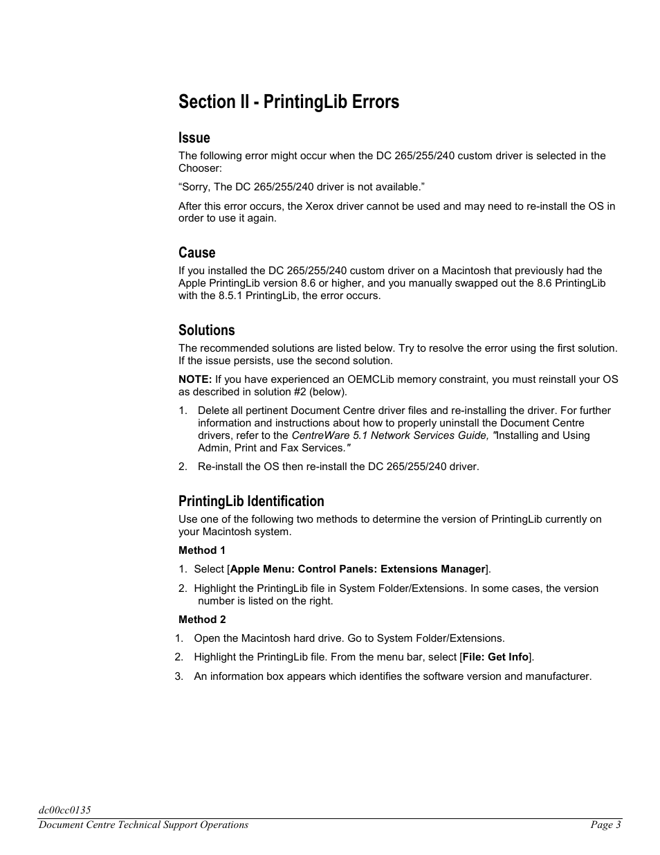 Section ii - printinglib errors, Issue, Cause | Solutions, Printinglib identification | Xerox DC 265/255/240 User Manual | Page 3 / 12