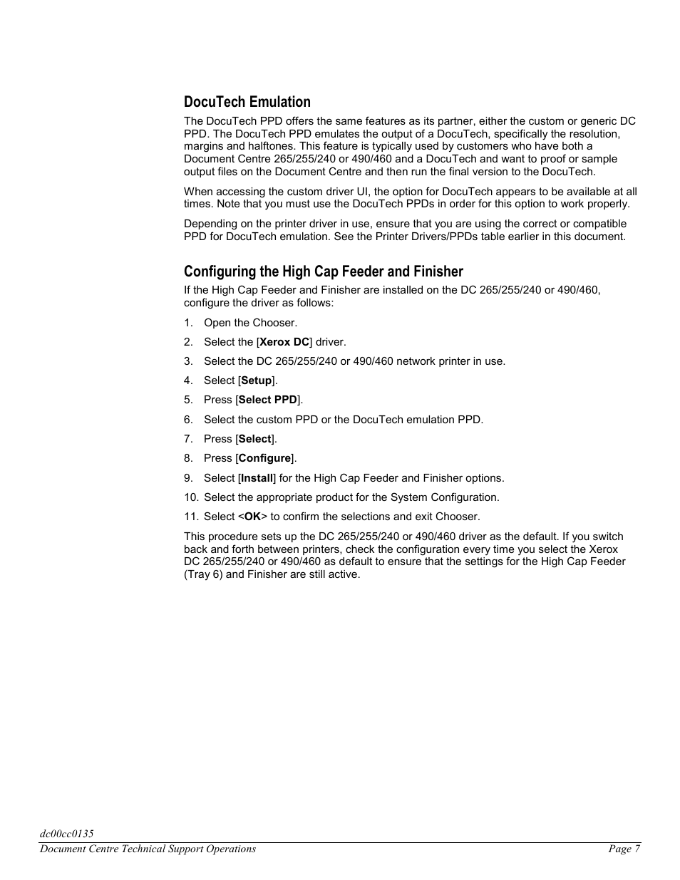 Docutech emulation, Configuring the high cap feeder and finisher | Xerox DC 265/255/240 User Manual | Page 7 / 12
