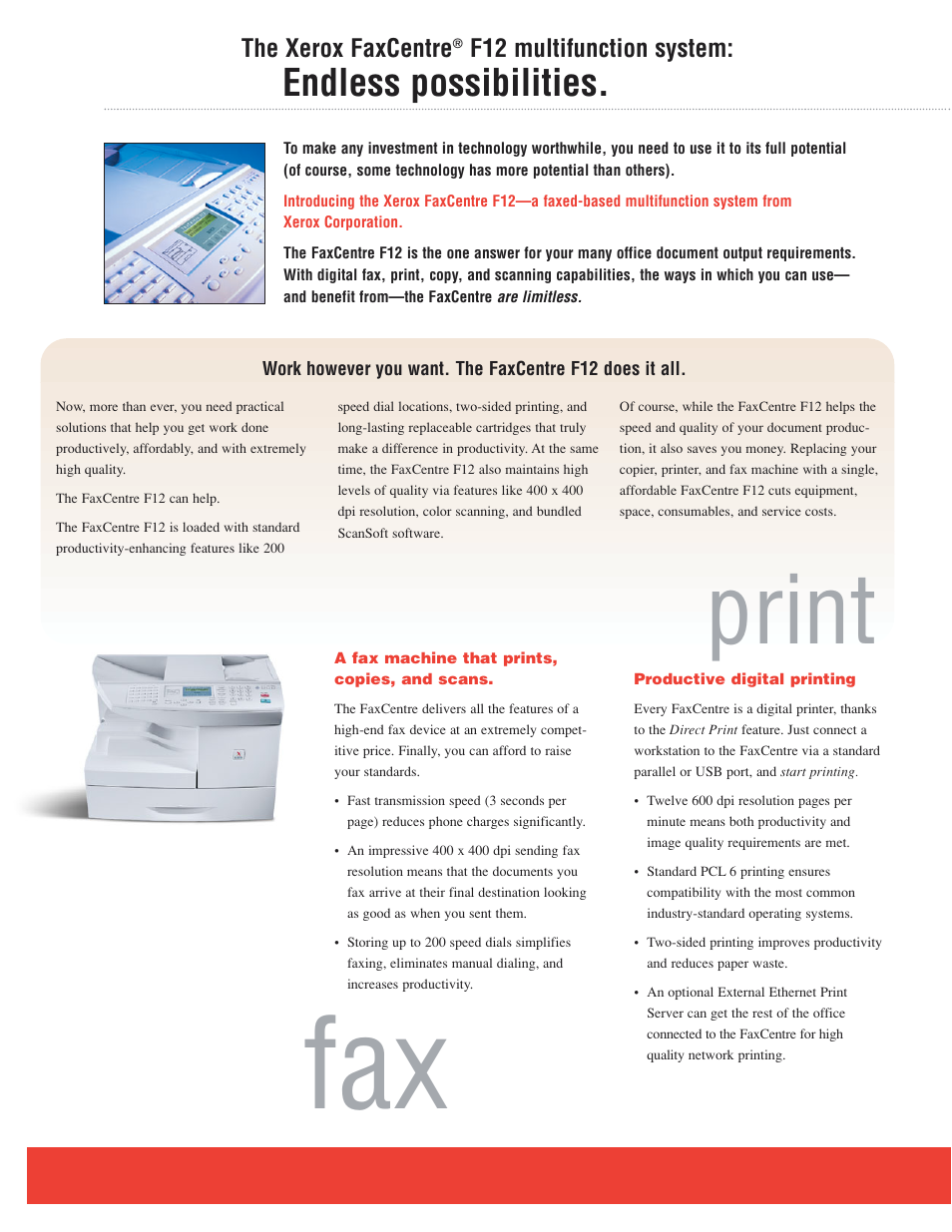Print, Endless possibilities, The xerox faxcentre | F12 multifunction system | Xerox F12 User Manual | Page 2 / 4