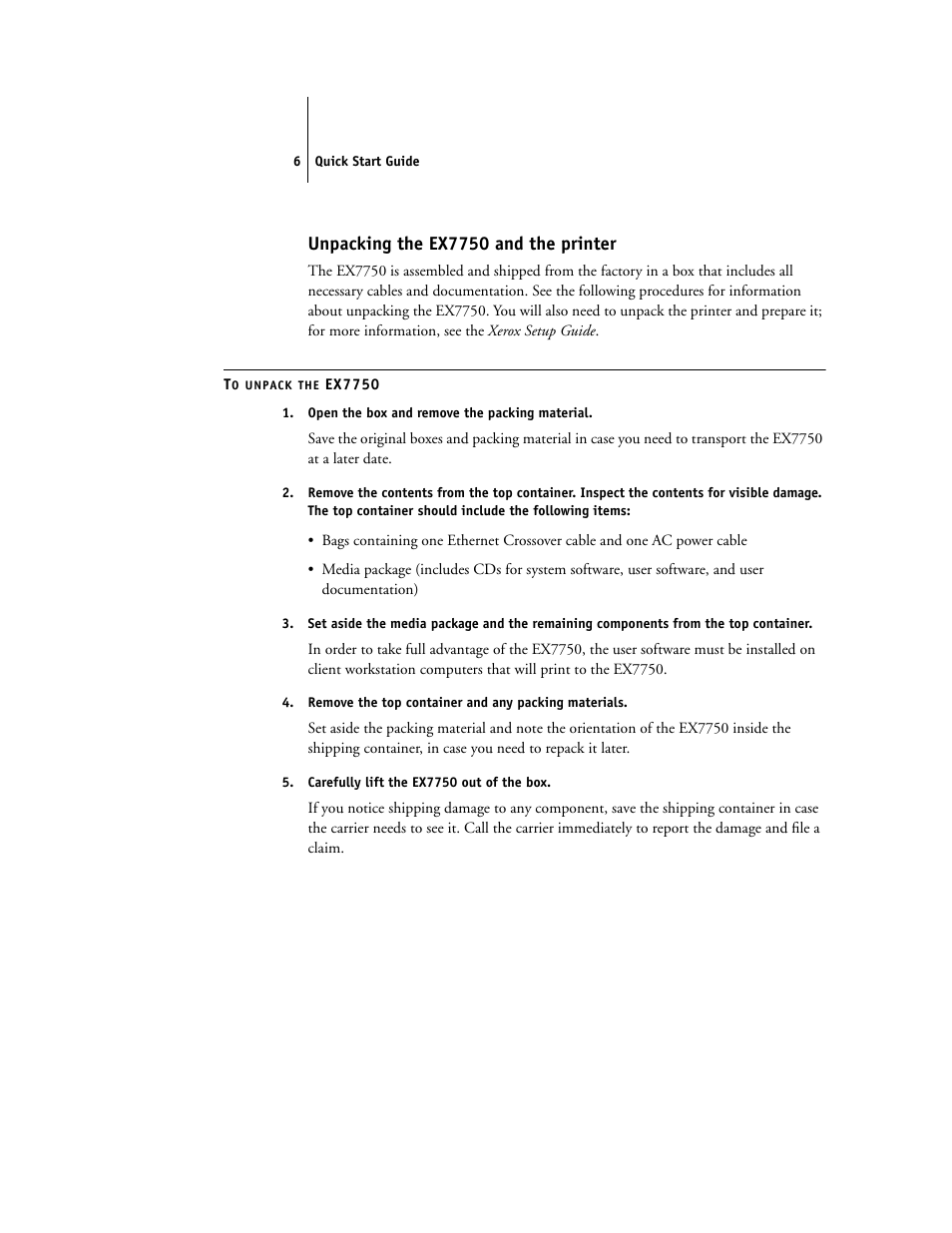 Unpacking the ex7750 and the printer | Xerox EX7750 User Manual | Page 14 / 28