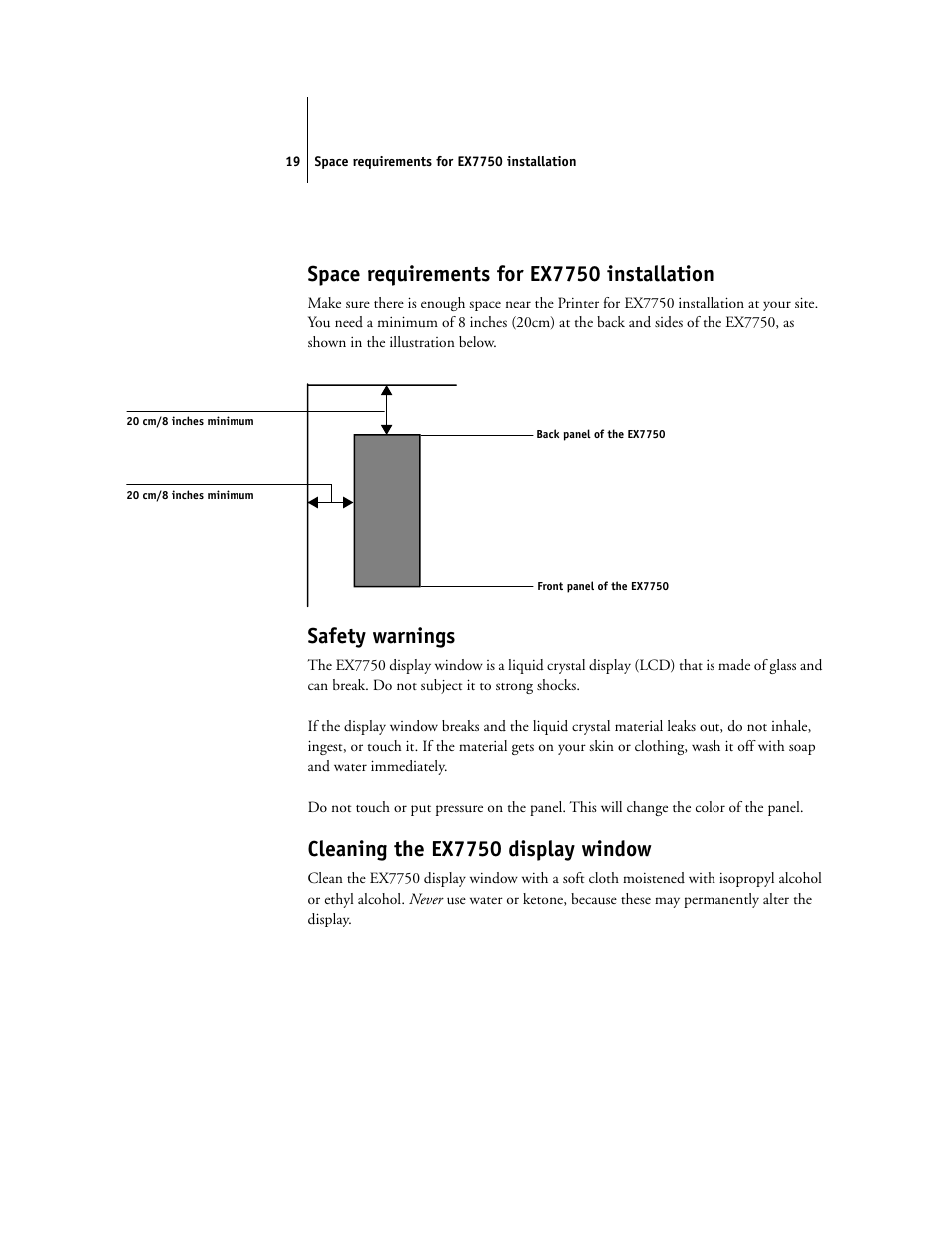 Space requirements for ex7750 installation, Safety warnings, Cleaning the ex7750 display window | Xerox EX7750 User Manual | Page 27 / 28