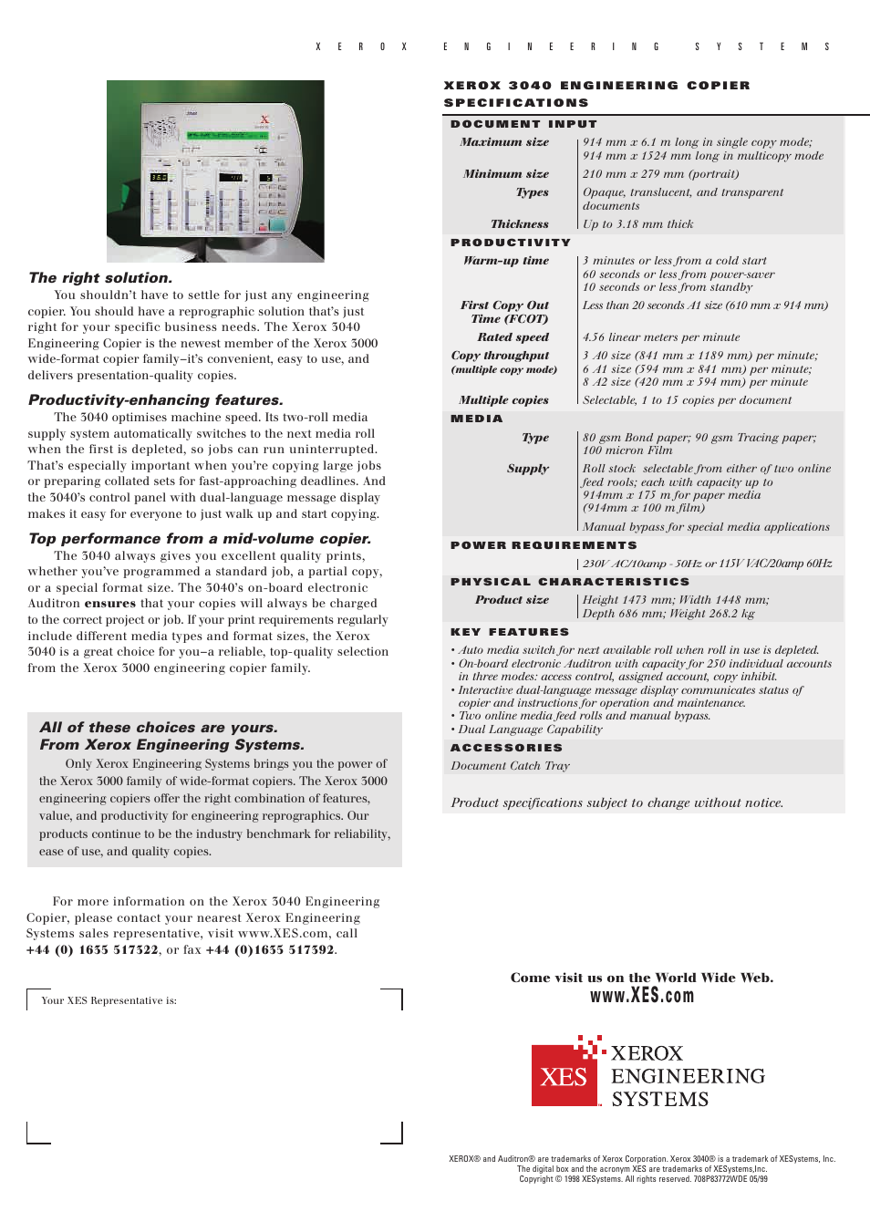 The right solution, Productivity-enhancing features, Top performance from a mid-volume copier | Xerox 3040 User Manual | Page 2 / 2