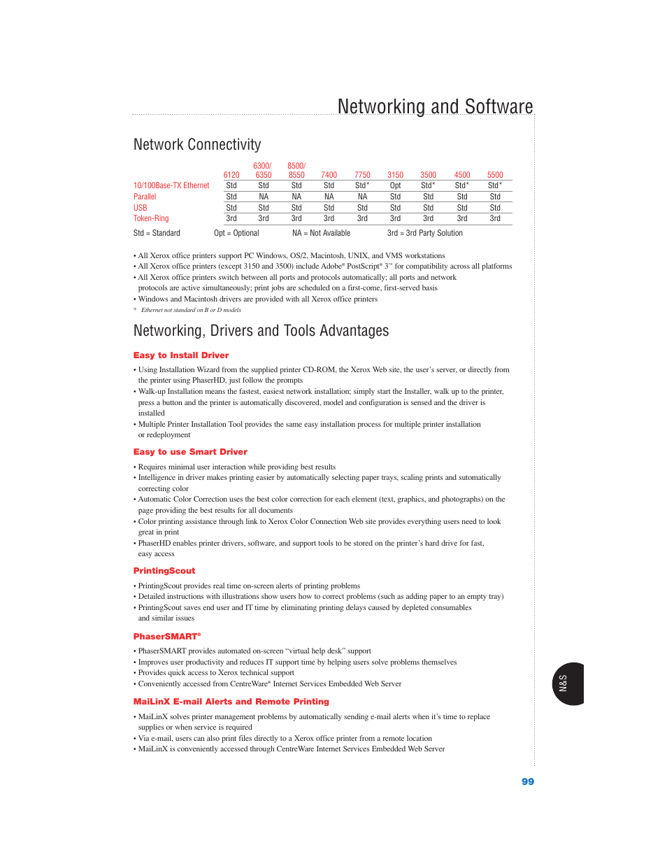 Networking and software, Network connectivity, Networking, drivers and tools advantages | Xerox Color Laser Printer User Manual | Page 101 / 108