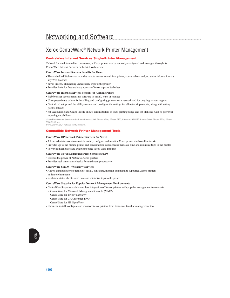 Networking and software, Xerox centreware, Network printer management | Xerox Color Laser Printer User Manual | Page 102 / 108