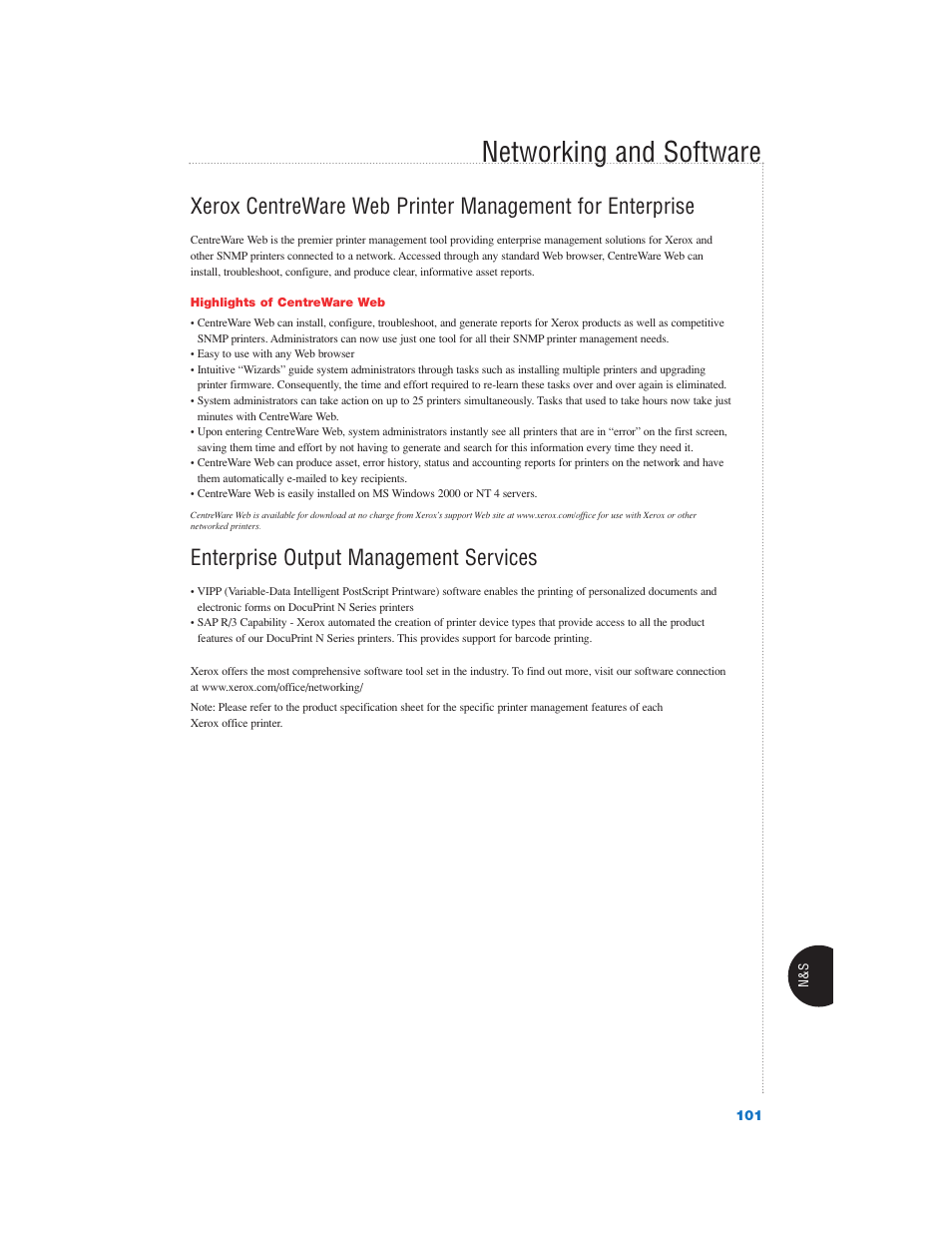 Networking and software, Enterprise output management services | Xerox Color Laser Printer User Manual | Page 103 / 108