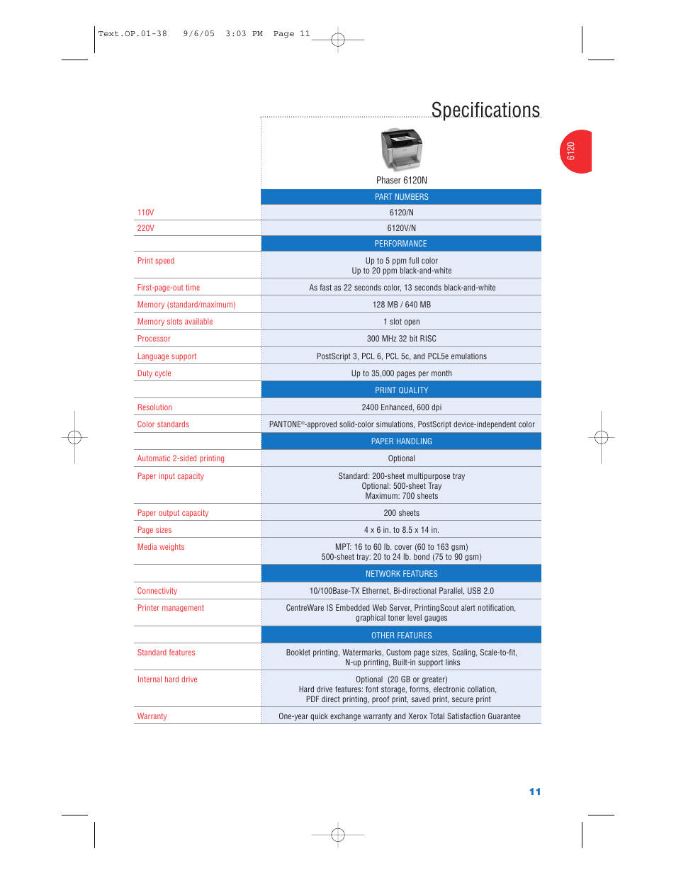 Specifications | Xerox Color Laser Printer User Manual | Page 13 / 108
