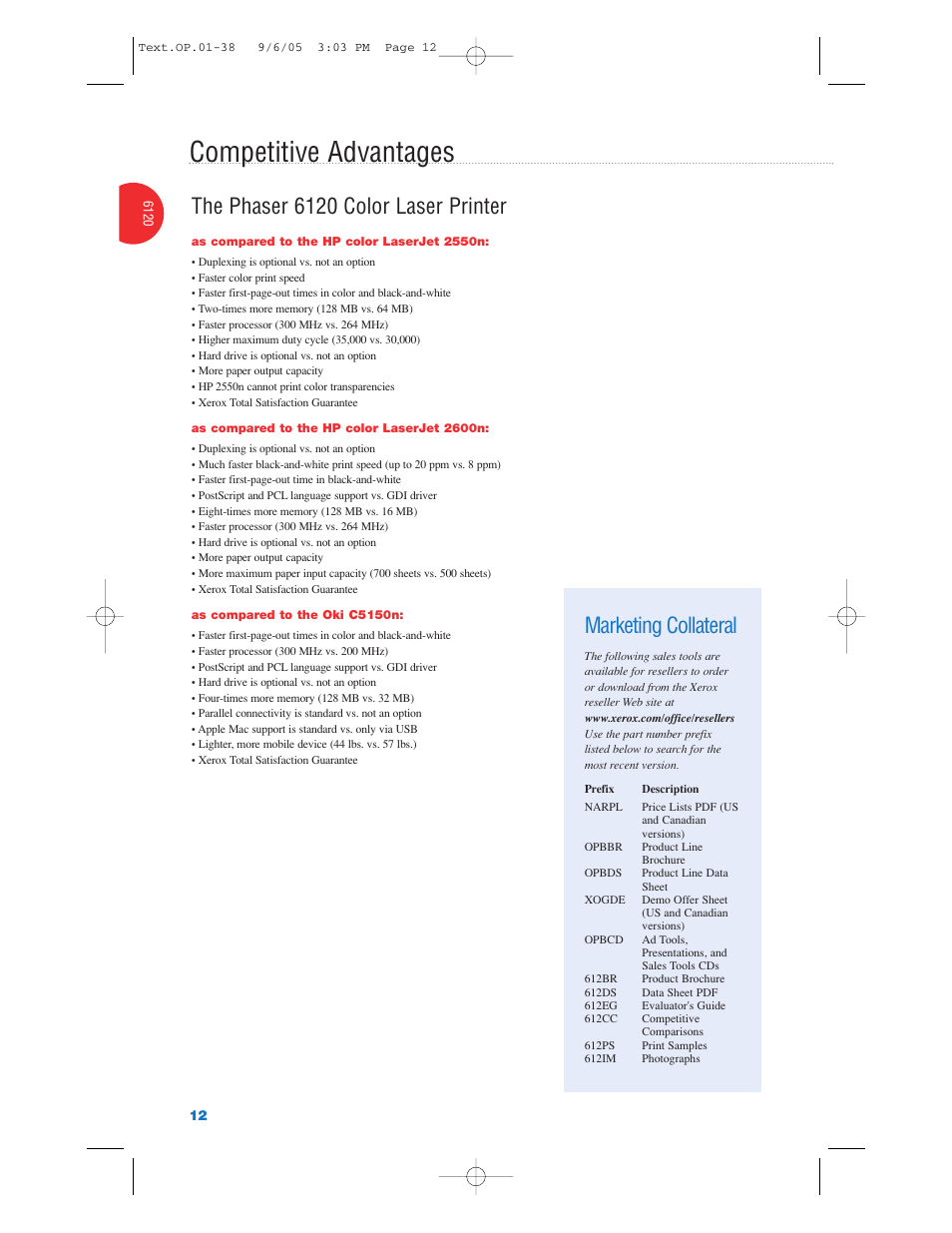 Competitive advantages, Marketing collateral, The phaser 6120 color laser printer | Xerox Color Laser Printer User Manual | Page 14 / 108