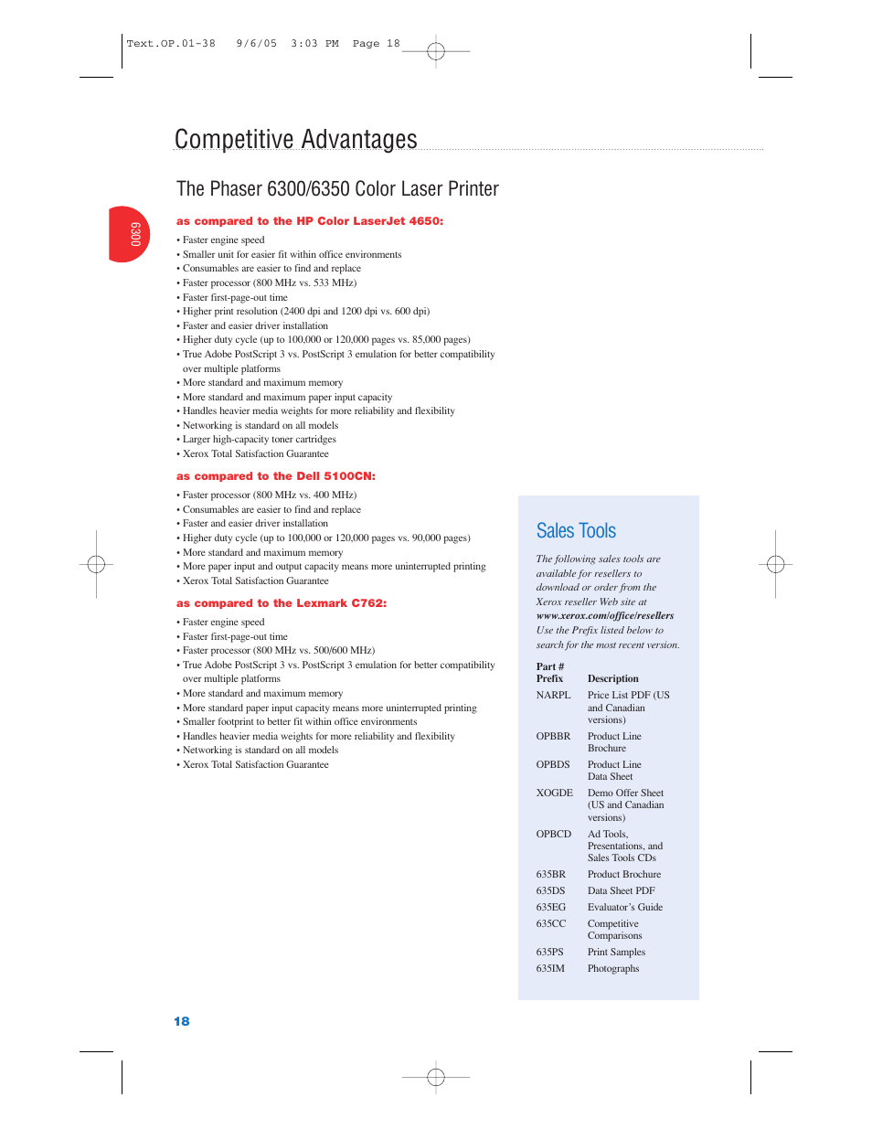 Competitive advantages, Sales tools | Xerox Color Laser Printer User Manual | Page 20 / 108