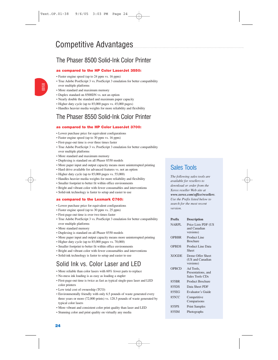 Competitive advantages, The phaser 8500 solid-ink color printer, The phaser 8550 solid-ink color printer | Solid ink vs. color laser and led, Sales tools | Xerox Color Laser Printer User Manual | Page 26 / 108