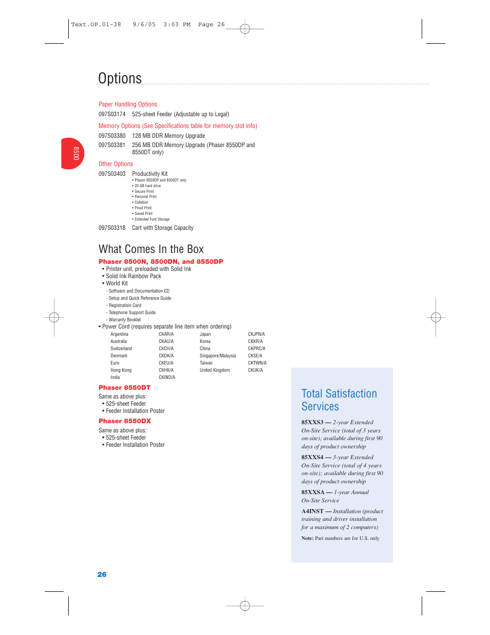 Options, What comes in the box, Total satisfaction services | Xerox Color Laser Printer User Manual | Page 28 / 108