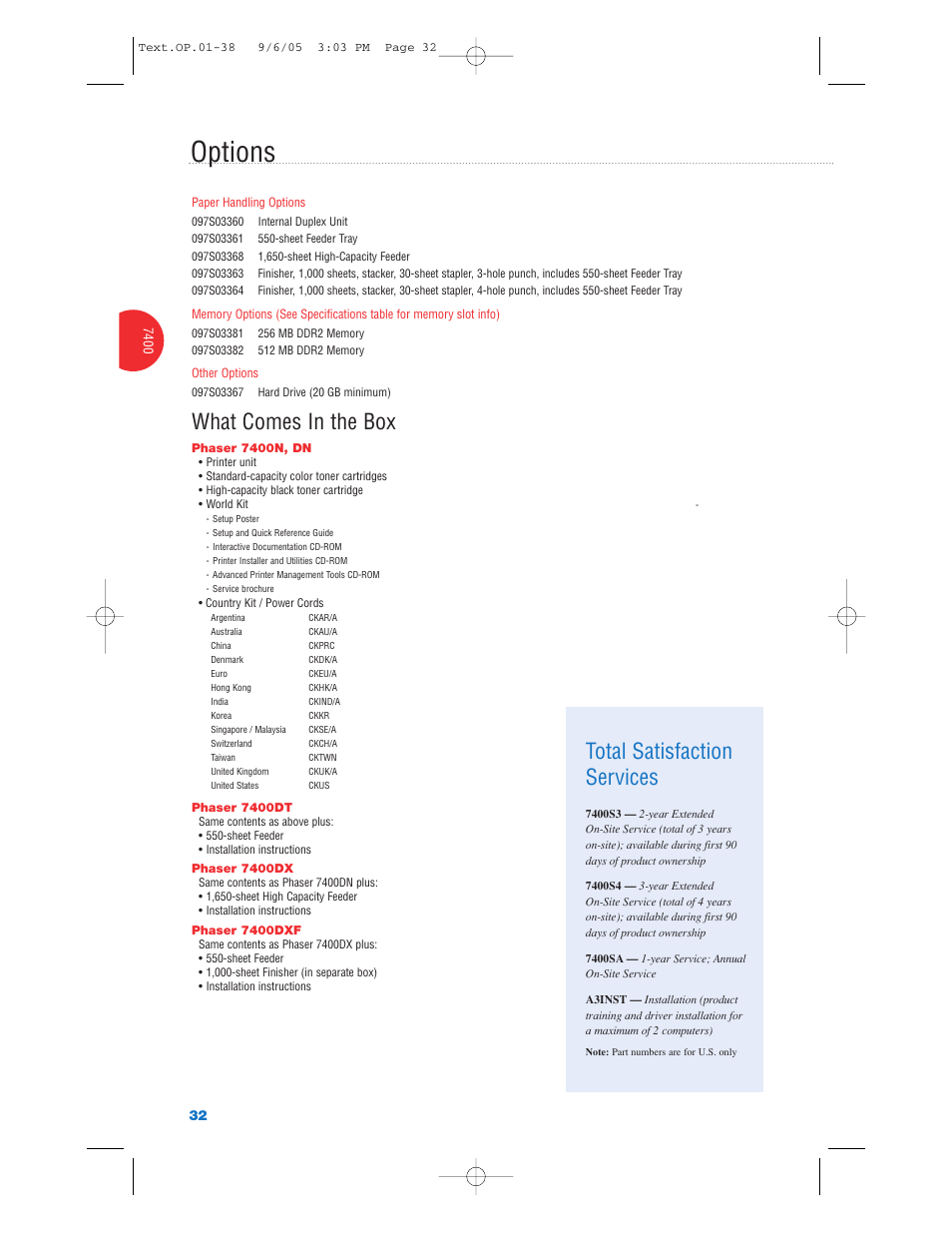 Options, What comes in the box, Total satisfaction services | Xerox Color Laser Printer User Manual | Page 34 / 108