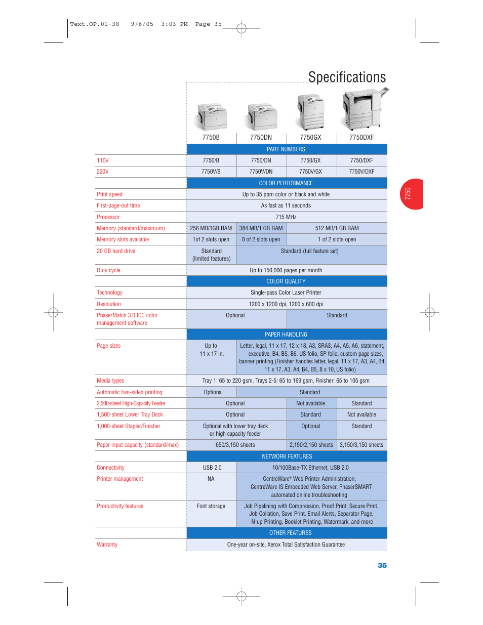 Specifications | Xerox Color Laser Printer User Manual | Page 37 / 108