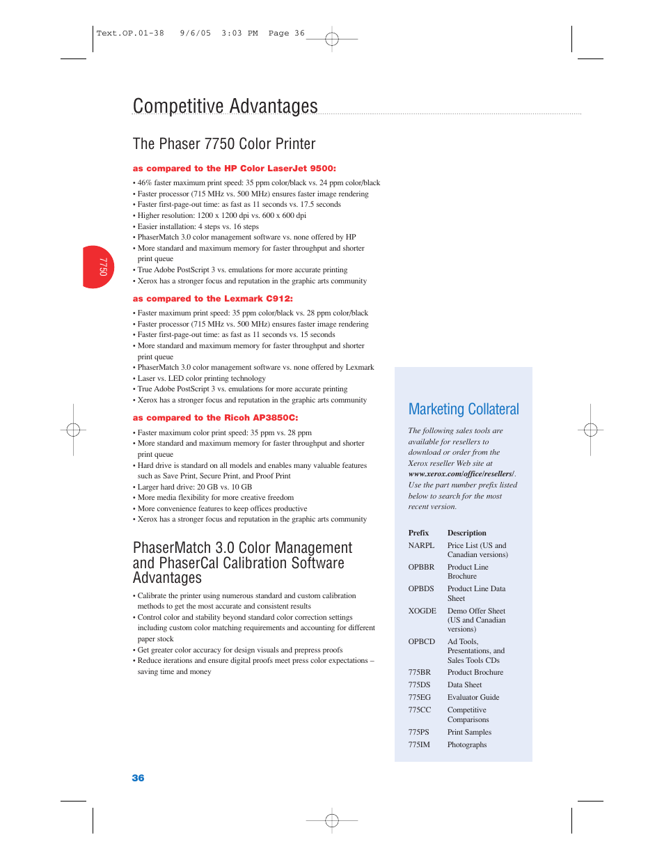 Competitive advantages, The phaser 7750 color printer, Marketing collateral | Xerox Color Laser Printer User Manual | Page 38 / 108