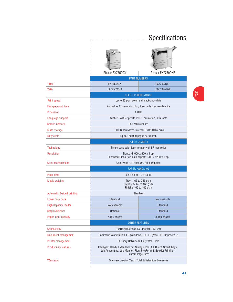 Specifications | Xerox Color Laser Printer User Manual | Page 43 / 108