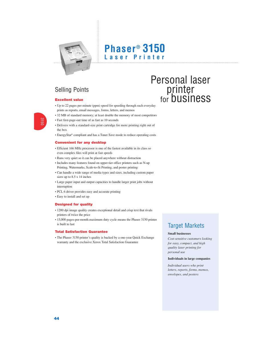 Business, Personal laser printer, Phaser | Selling points, Target markets | Xerox Color Laser Printer User Manual | Page 46 / 108