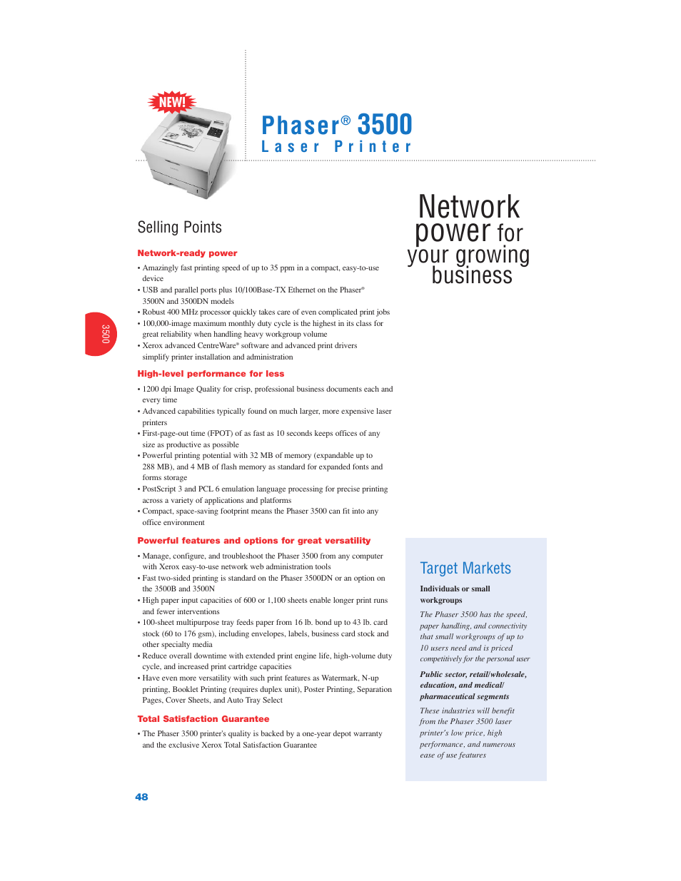 Network power, Phaser, For your growing business | Selling points, Target markets | Xerox Color Laser Printer User Manual | Page 50 / 108
