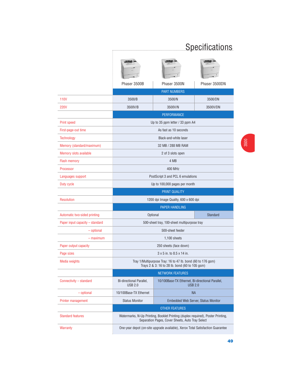 Specifications | Xerox Color Laser Printer User Manual | Page 51 / 108