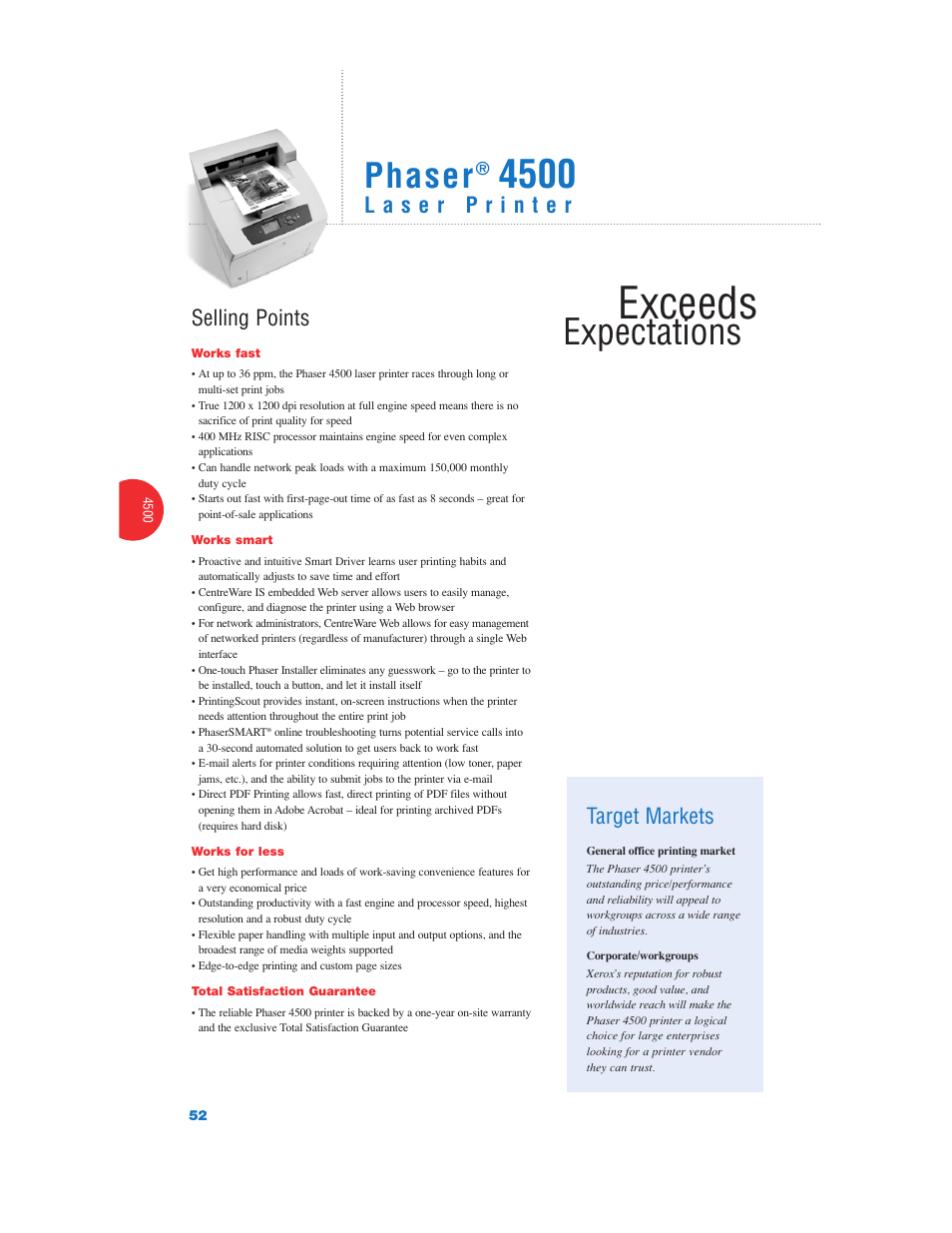Exceeds, Expectations, Phaser | Selling points, Target markets | Xerox Color Laser Printer User Manual | Page 54 / 108
