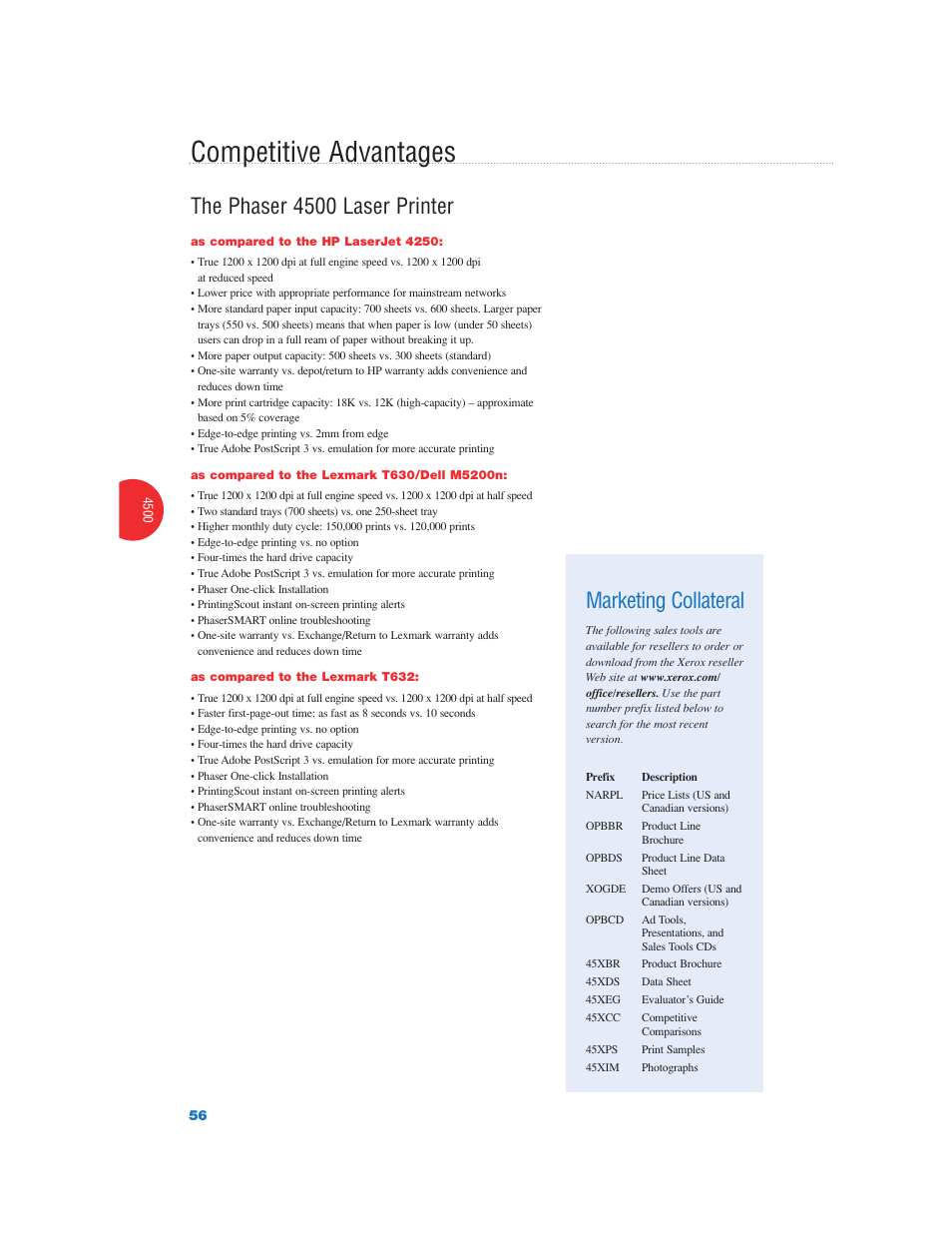 Competitive advantages, The phaser 4500 laser printer, Marketing collateral | Xerox Color Laser Printer User Manual | Page 58 / 108