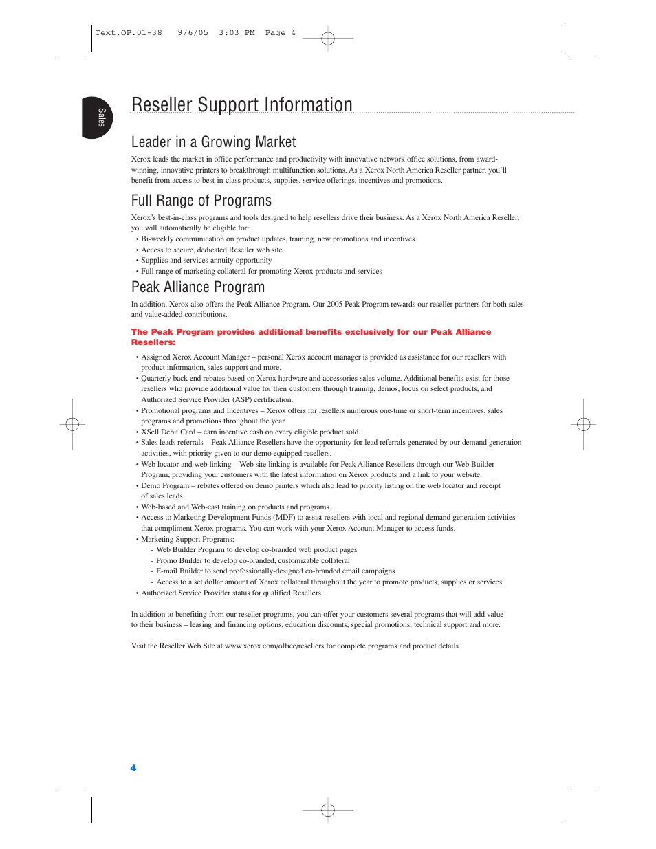Reseller support information, Leader in a growing market, Full range of programs | Peak alliance program | Xerox Color Laser Printer User Manual | Page 6 / 108