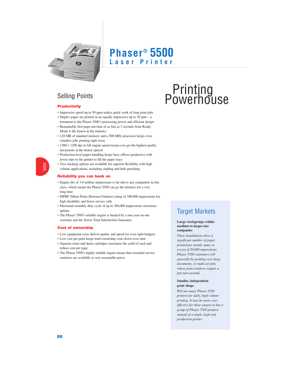 Printing powerhouse, Phaser, Selling points | Target markets | Xerox Color Laser Printer User Manual | Page 60 / 108