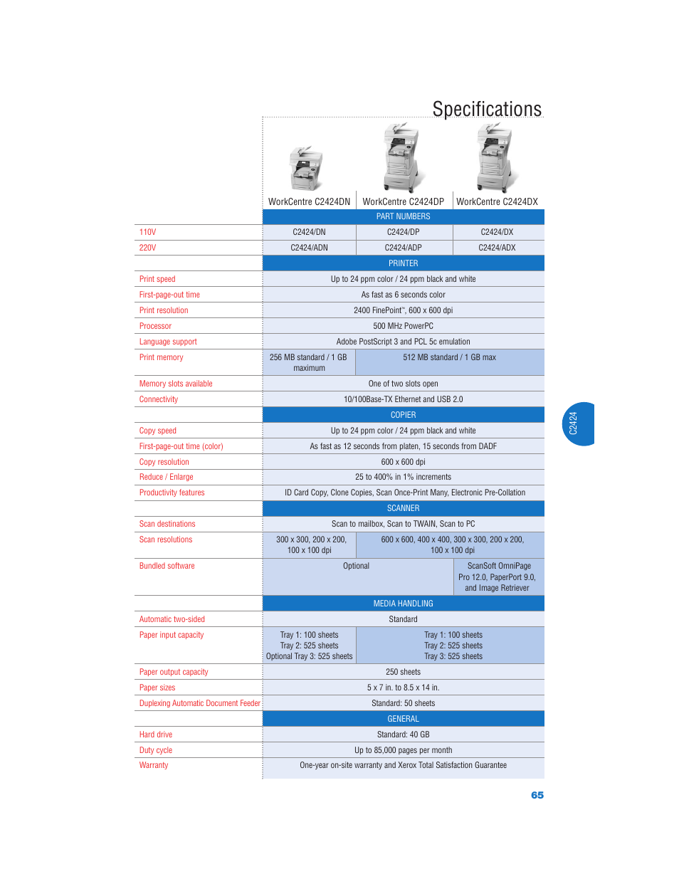 Specifications | Xerox Color Laser Printer User Manual | Page 67 / 108