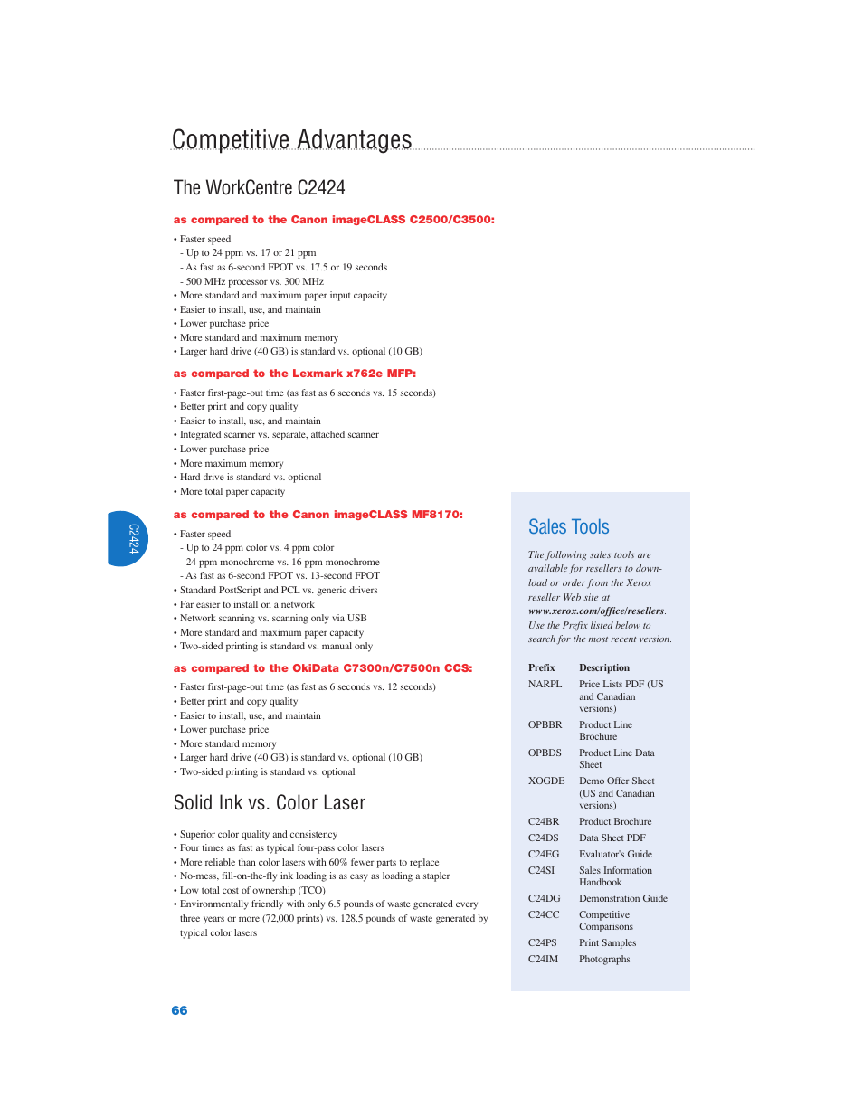Competitive advantages, The workcentre c2424, Solid ink vs. color laser | Sales tools | Xerox Color Laser Printer User Manual | Page 68 / 108