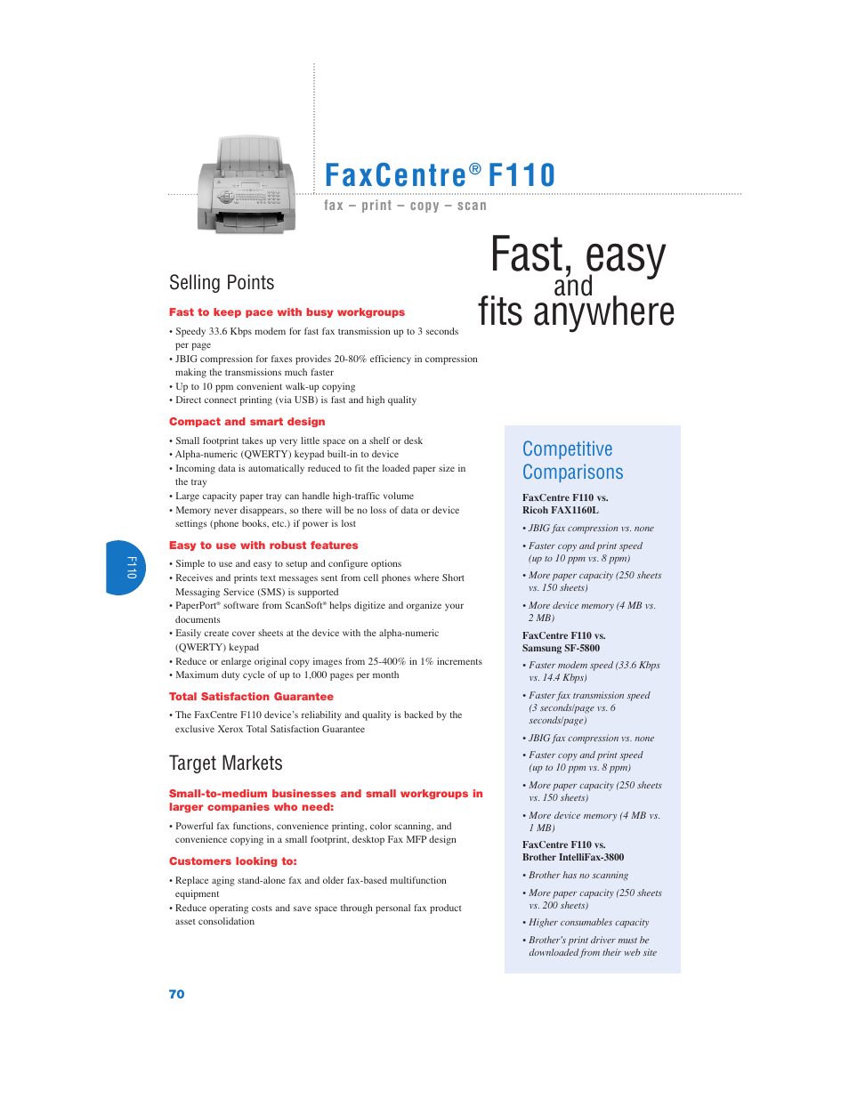 Fast, easy, Fits anywhere, Faxcentre | F110, Selling points, Target markets, Competitive comparisons | Xerox Color Laser Printer User Manual | Page 72 / 108
