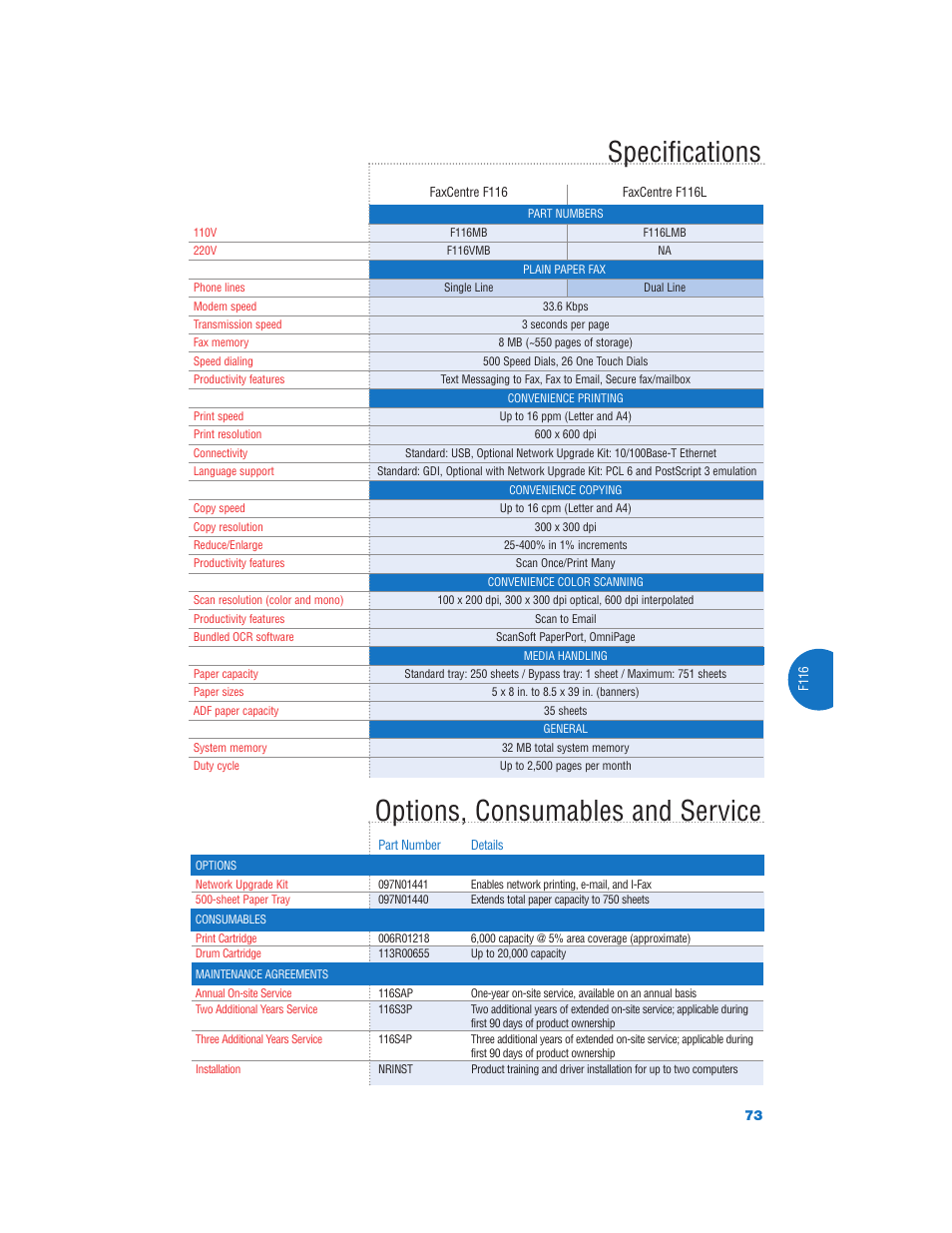 Specifications options, consumables and service | Xerox Color Laser Printer User Manual | Page 75 / 108