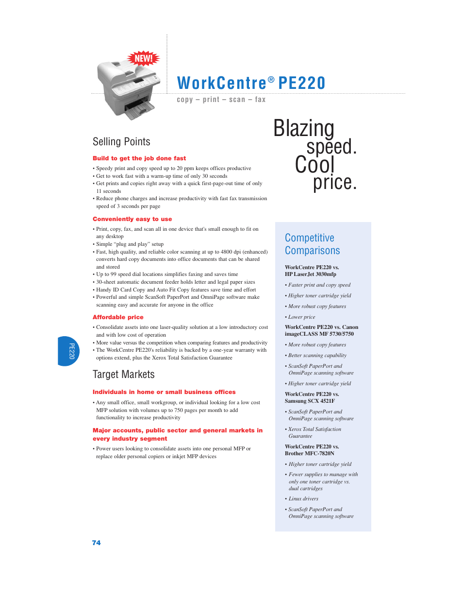 Blazing, Cool, Speed | Price, Workcentre, Pe220, Selling points, Target markets, Competitive comparisons | Xerox Color Laser Printer User Manual | Page 76 / 108