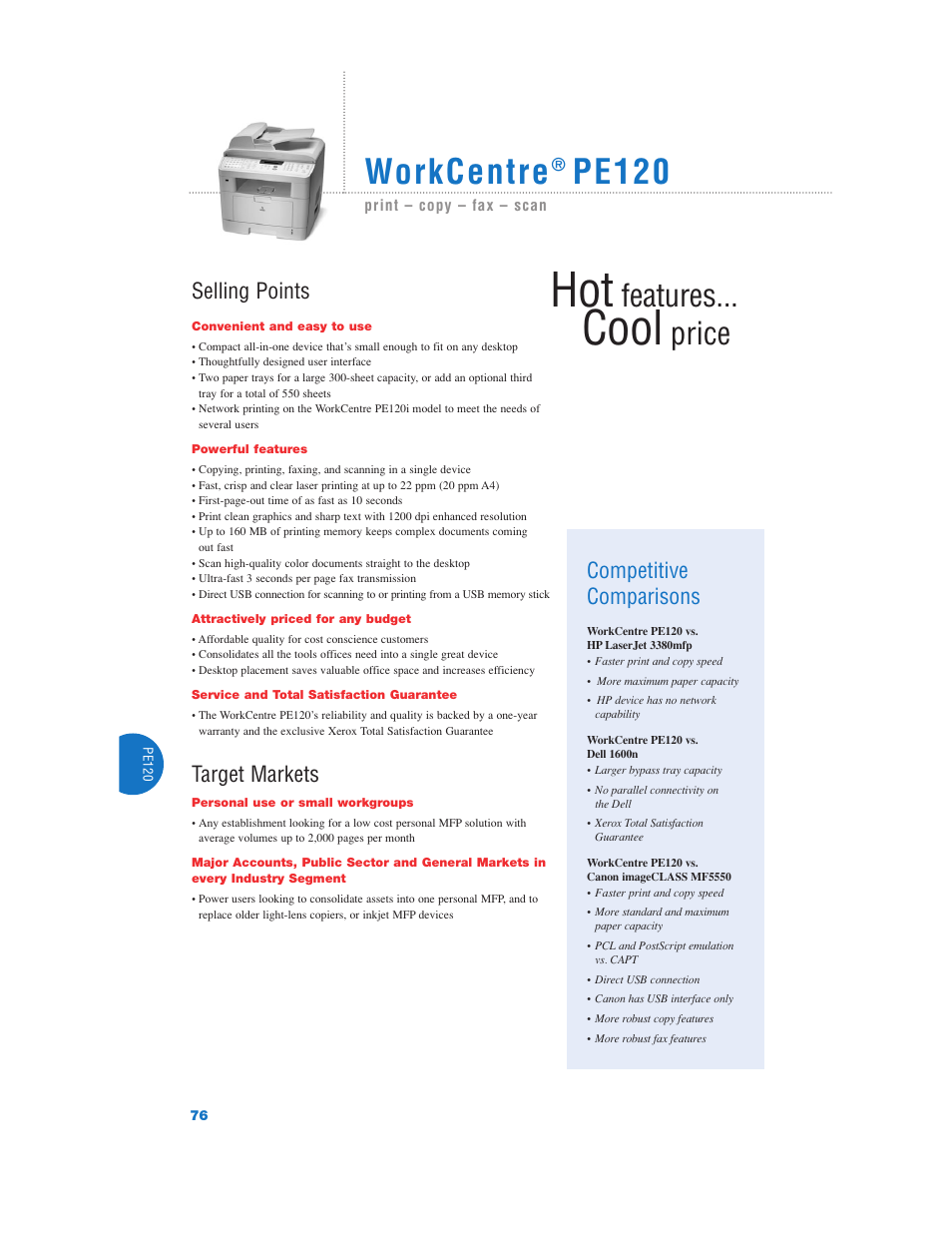 Cool, Workcentre, Pe120 | Features, Price, Selling points, Target markets, Competitive comparisons | Xerox Color Laser Printer User Manual | Page 78 / 108