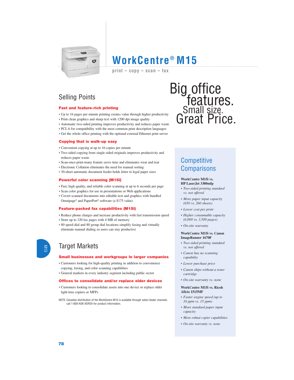Big office features, Great price, Workcentre | Small size, Selling points, Target markets, Competitive comparisons | Xerox Color Laser Printer User Manual | Page 80 / 108