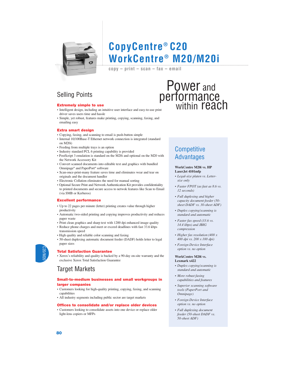 Power, Performance, Reach | Copycentre, C20 workcentre, M20/m20i, Within, Selling points, Target markets, Competitive advantages | Xerox Color Laser Printer User Manual | Page 82 / 108