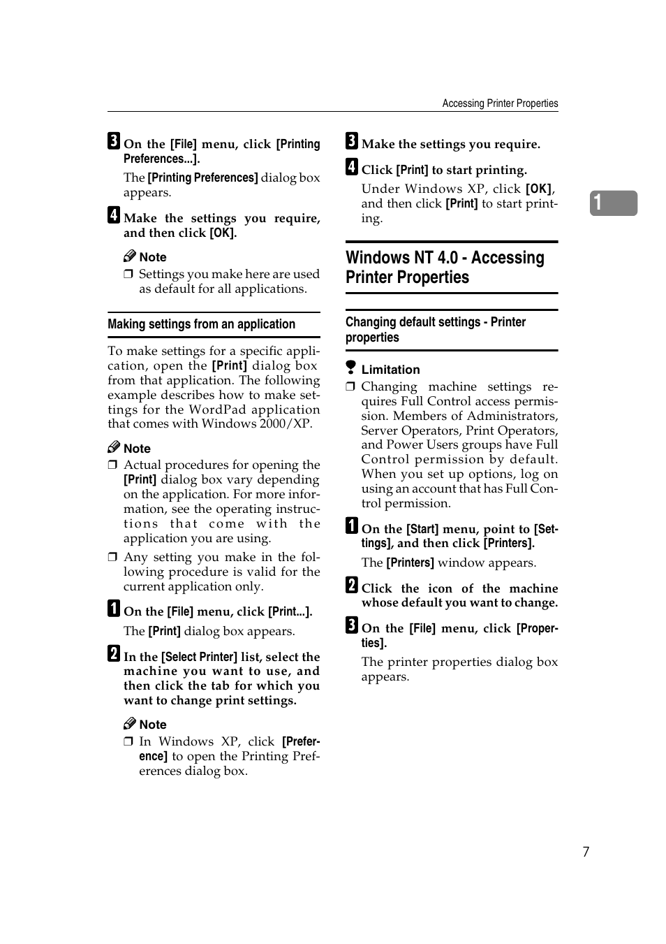 Making settings from an application, Windows nt 4.0 - accessing printer properties, Changing default settings - printer properties | Xerox 2045e User Manual | Page 11 / 78