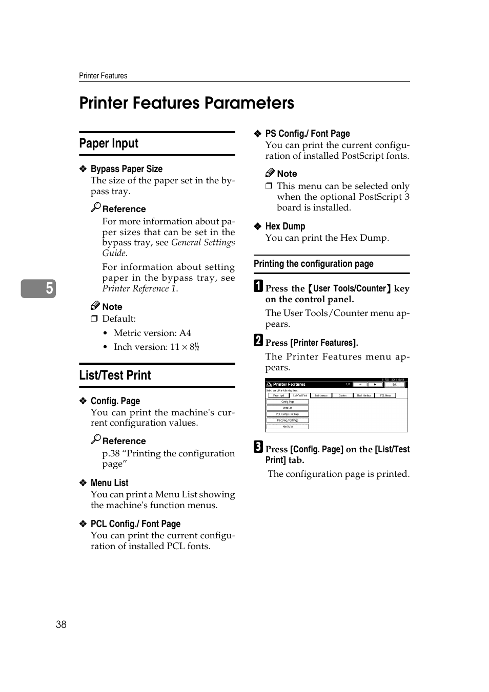 Printer features parameters, Paper input, List/test print | Paper input list/test print, Ee p.38 “paper input, Ee p.38 “list/test print, 5printer features parameters | Xerox 2045e User Manual | Page 42 / 78