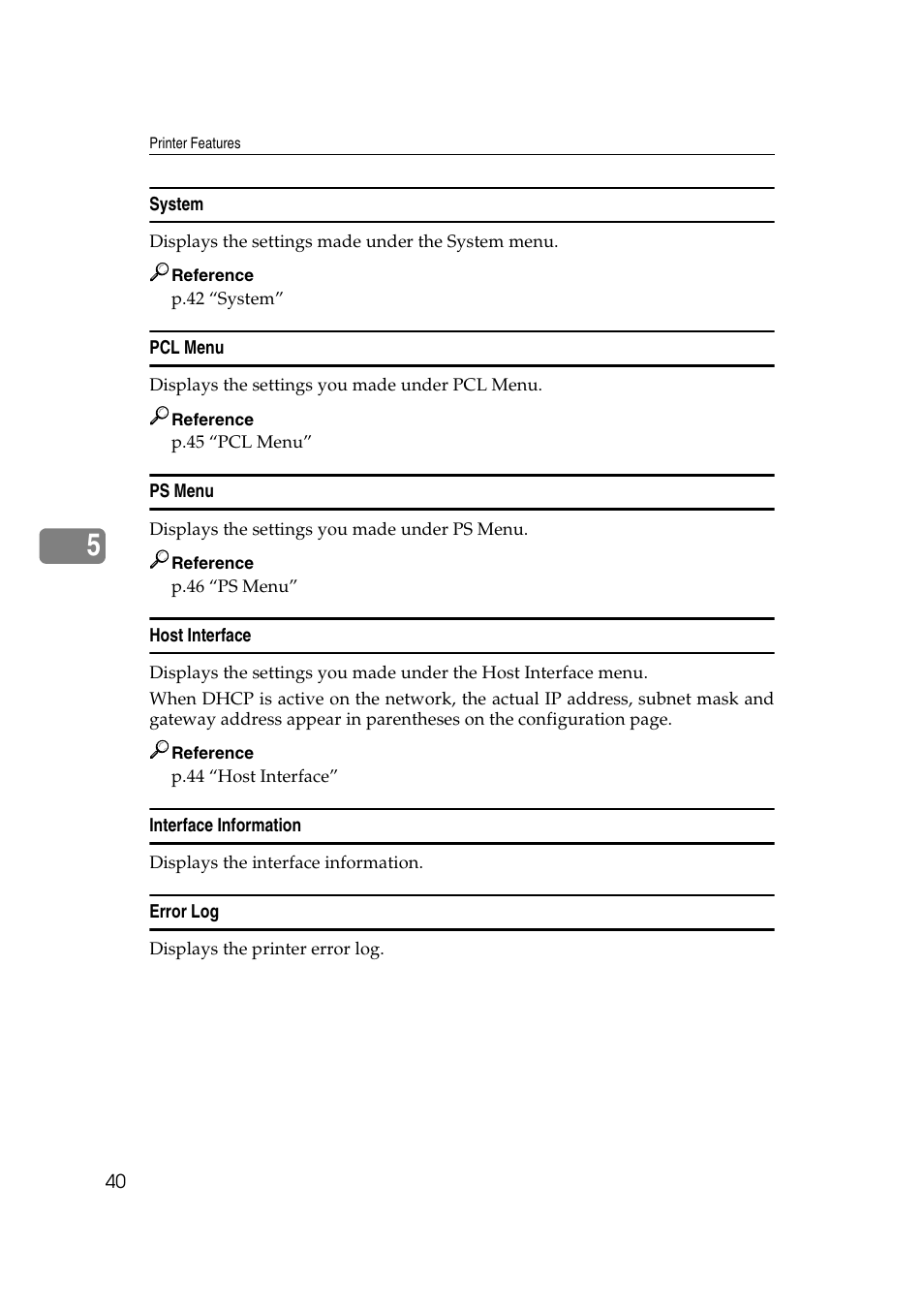 System, Pcl menu, Ps menu | Host interface, Interface information, Error log | Xerox 2045e User Manual | Page 44 / 78