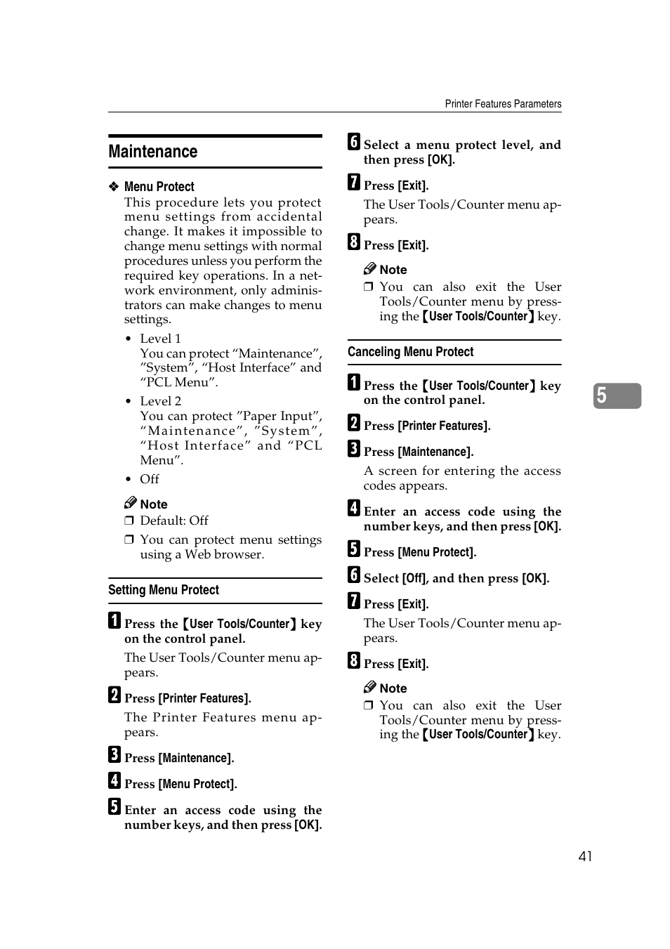 Maintenance, Setting menu protect, Canceling menu protect | Ee p.41 “maintenance | Xerox 2045e User Manual | Page 45 / 78