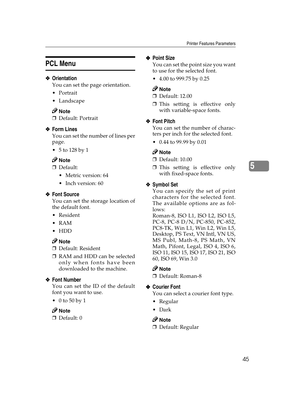 Pcl menu, Ee p.45 “pcl menu, P.45 “pcl menu | Xerox 2045e User Manual | Page 49 / 78