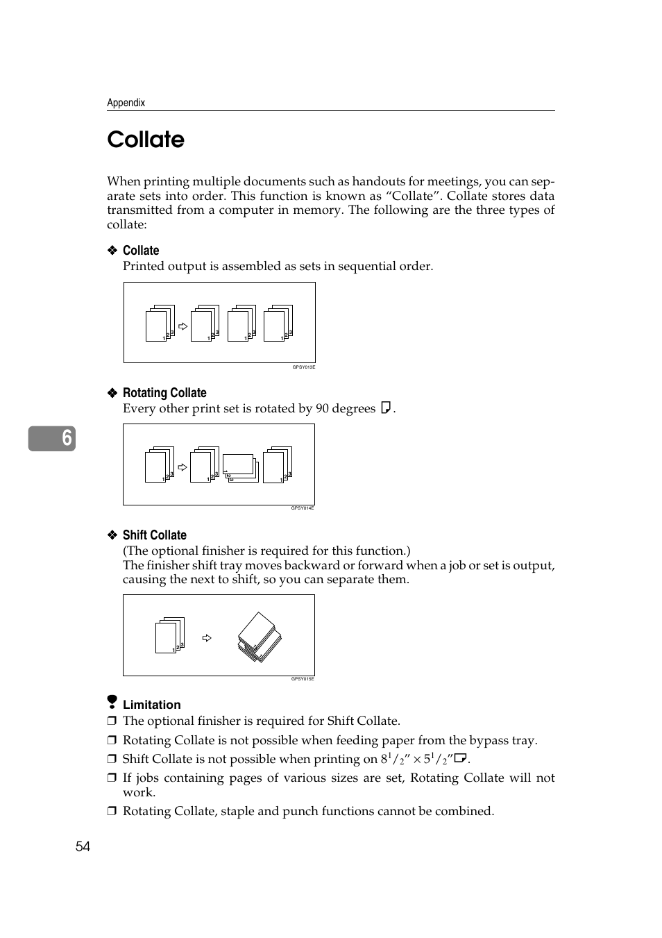 Collate, 6collate, Rotating collate | Shift collate, Every other print set is rotated by 90 degrees k, Limitation | Xerox 2045e User Manual | Page 58 / 78