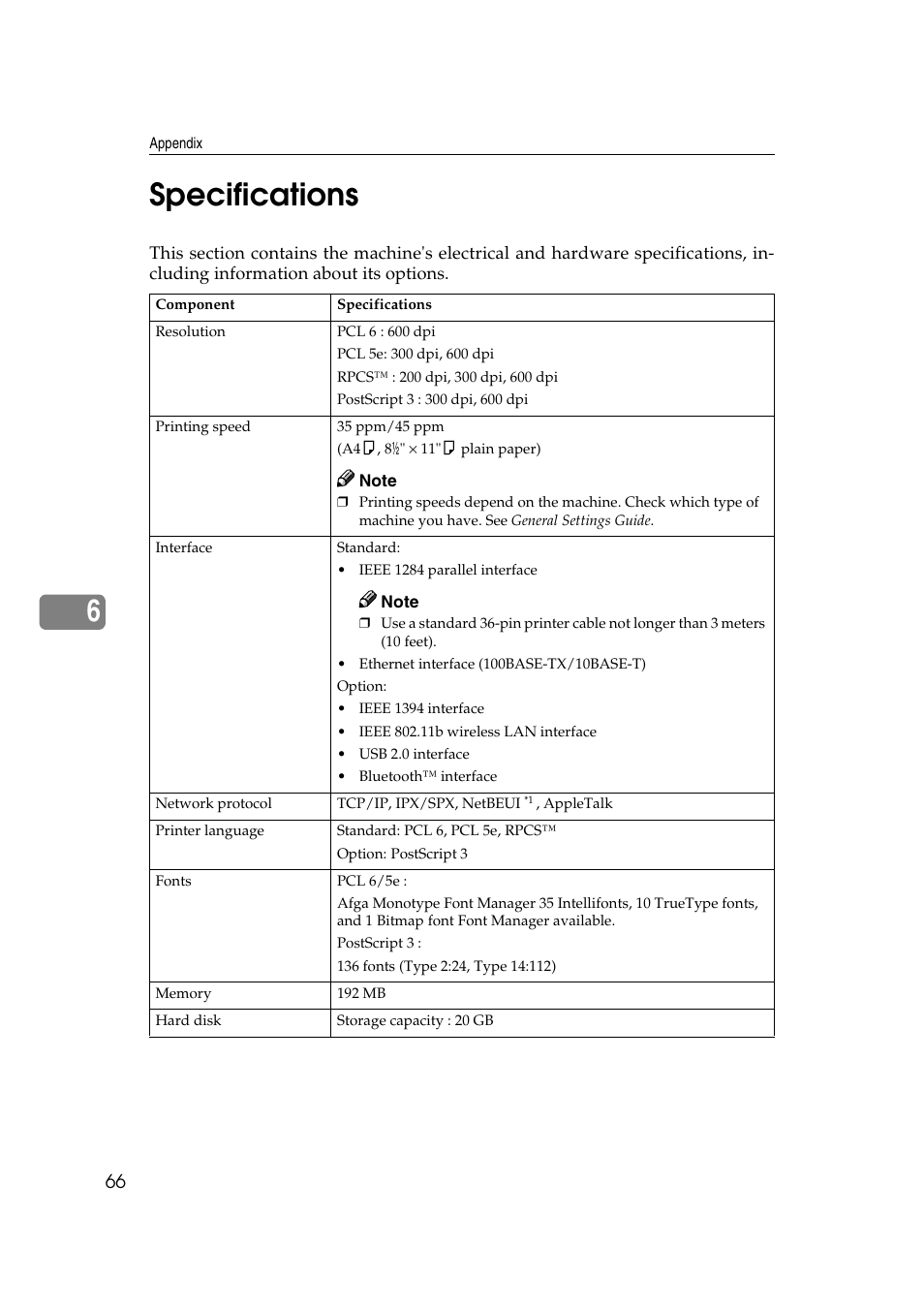 Specifications, 6specifications | Xerox 2045e User Manual | Page 70 / 78