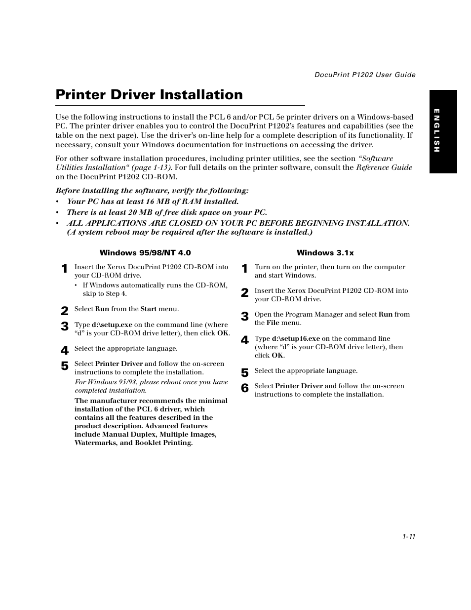 Printerdriver installation, Printer driver installation -11, Printer driver installation | Xerox DocuPrint P1202 User Manual | Page 11 / 24