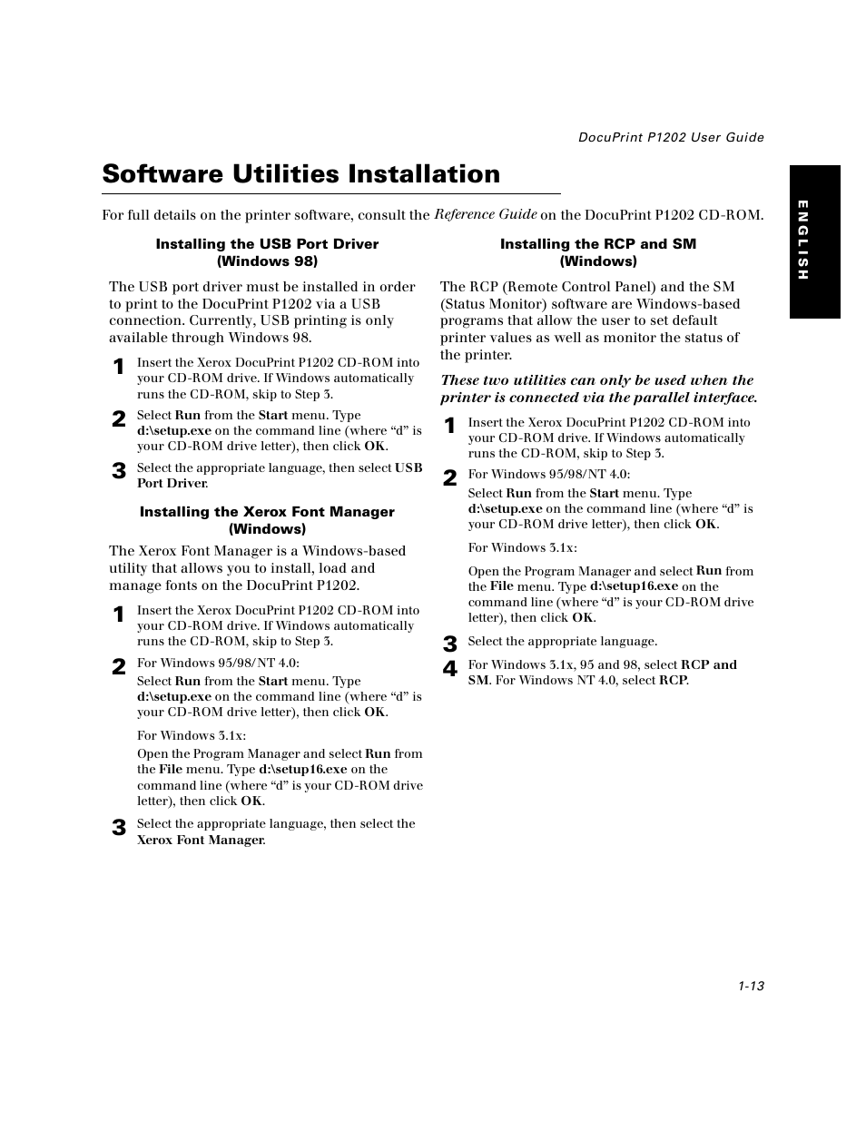Software utilities installation, Software utilities installation -13 | Xerox DocuPrint P1202 User Manual | Page 13 / 24